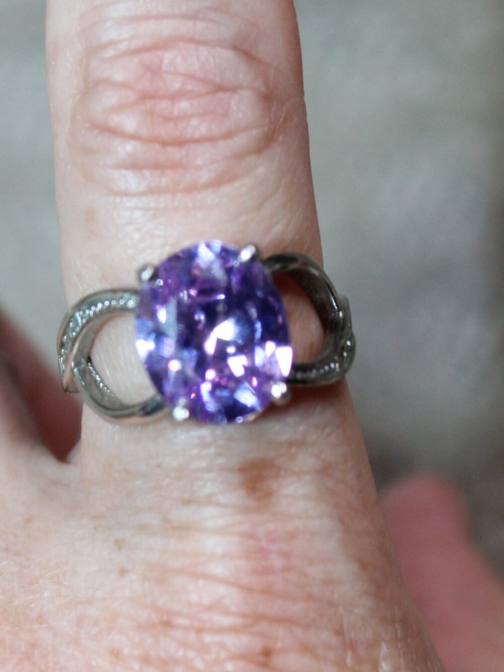 Silver-tone Sz 7.5 Large Purple Faceted Crystal Small Clear Crystal Accents Ring